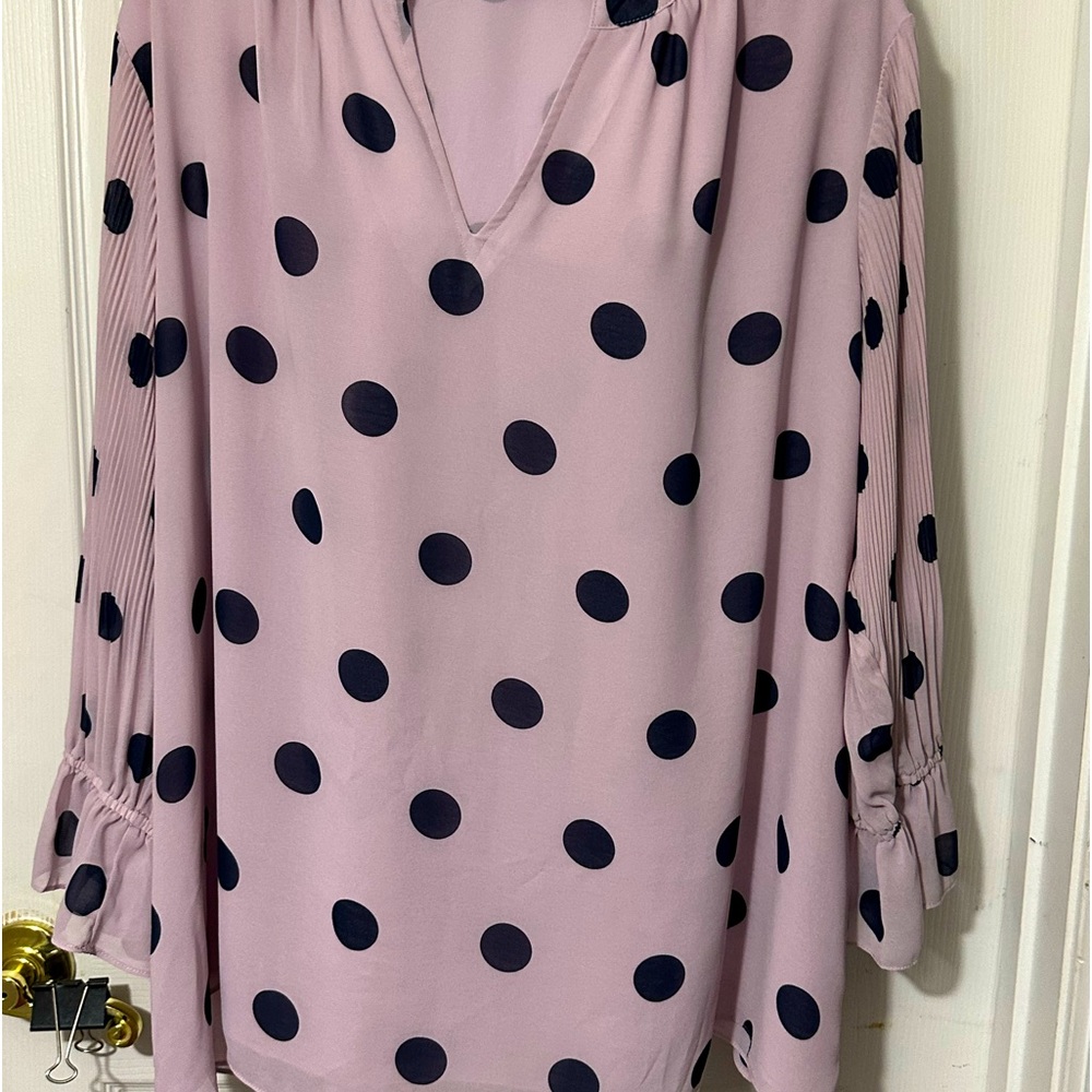 Cato Fashions, lavendar with Navy blue dots blouse